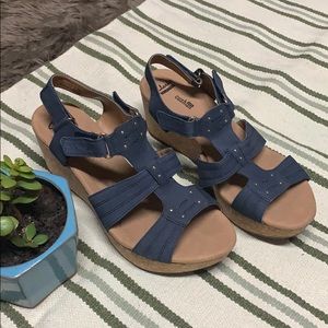 Blue Clark’s cork wedge summer sandals